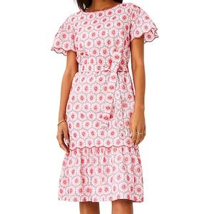 Ann Taylor Petite Hibiscus‎ Embroidered Eyelet Dress Red White Floral Midi